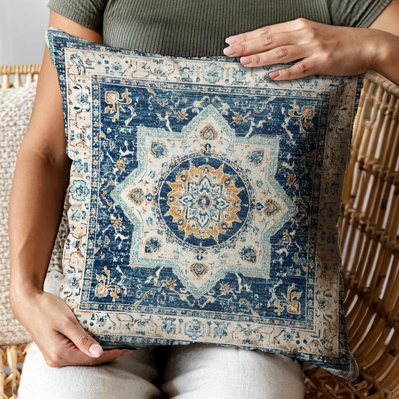 RBAFAO Bohemian Pillow Covers | Vintage Floral & Carpet Design | Double Sided Blue White Decorative Pillowcases for Couch, Bed | Indoor Outdoor Boho Home Decor (White&Blue, 18x18inches) - Image 5